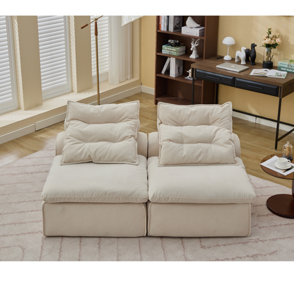 Modular Sofa,No Armrests,At will DIY,Soft Corduroy Fabric,Neck Pillow-Back Lounge Sofa Chair,Reading Nook, or Apartment Living, Lumbar Pillow,2 Seats,Upholstered,Beige