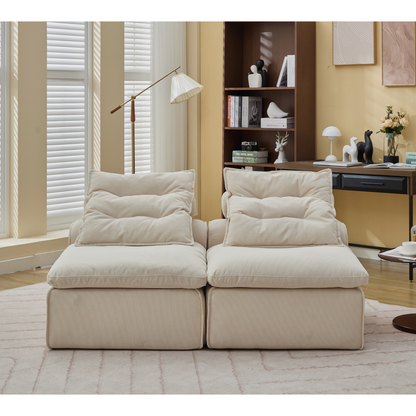 Modular Sofa,No Armrests,At will DIY,Soft Corduroy Fabric,Neck Pillow-Back Lounge Sofa Chair,Reading Nook, or Apartment Living, Lumbar Pillow,2 Seats,Upholstered,Beige