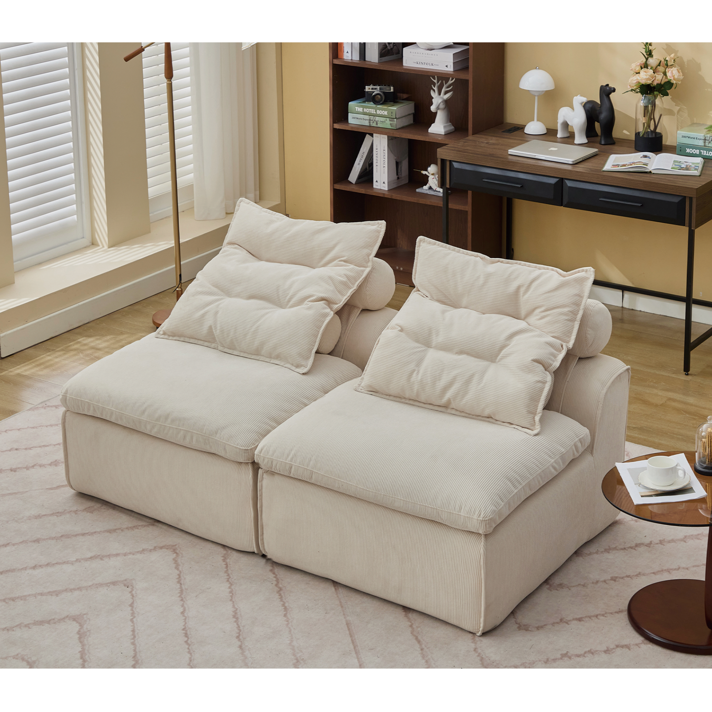 Modular Sofa,No Armrests,At will DIY,Soft Corduroy Fabric,Neck Pillow-Back Lounge Sofa Chair,Reading Nook, or Apartment Living, Lumbar Pillow,2 Seats,Upholstered,Beige