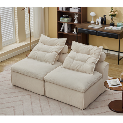 Modular Sofa,No Armrests,At will DIY,Soft Corduroy Fabric,Neck Pillow-Back Lounge Sofa Chair,Reading Nook, or Apartment Living, Lumbar Pillow,2 Seats,Upholstered,Beige