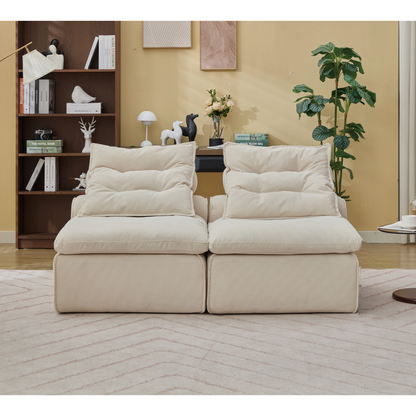 Modular Sofa,No Armrests,At will DIY,Soft Corduroy Fabric,Neck Pillow-Back Lounge Sofa Chair,Reading Nook, or Apartment Living, Lumbar Pillow,2 Seats,Upholstered,Beige