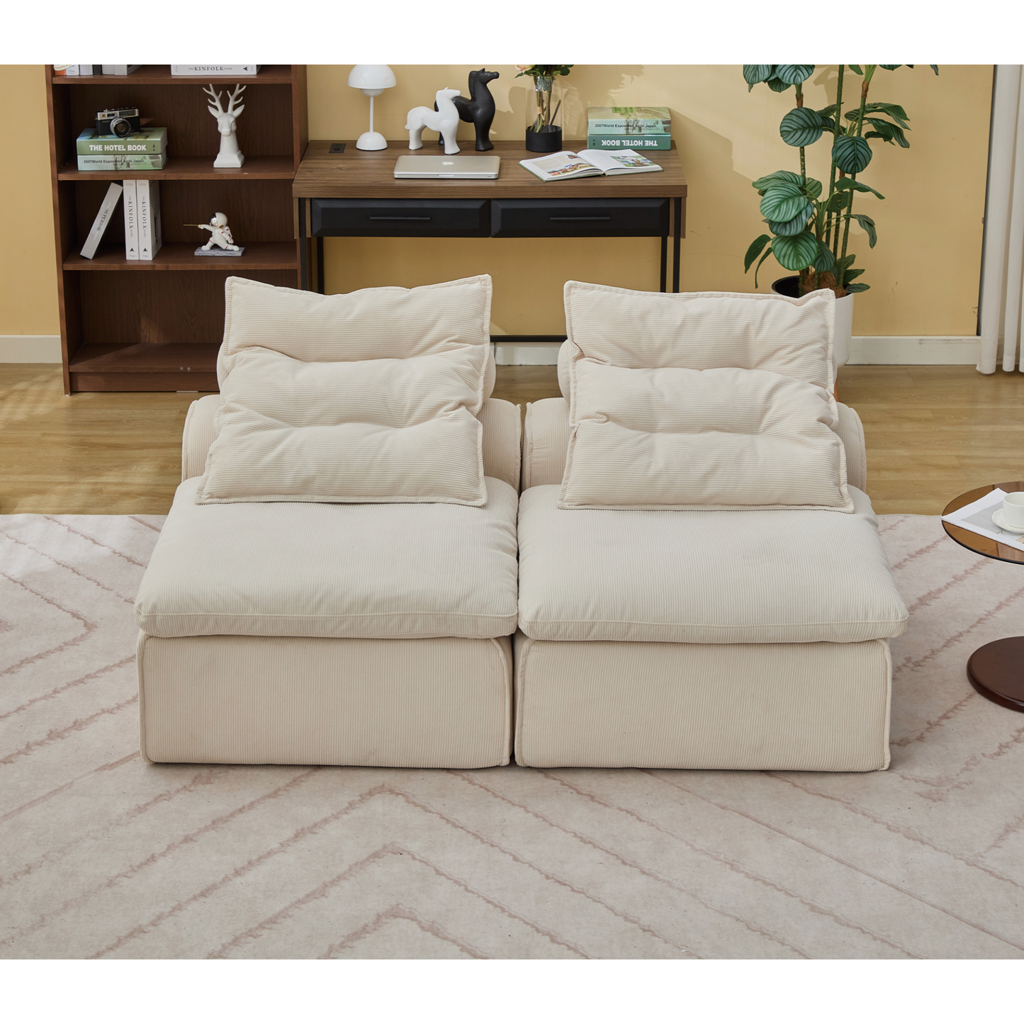 Modular Sofa,No Armrests,At will DIY,Soft Corduroy Fabric,Neck Pillow-Back Lounge Sofa Chair,Reading Nook, or Apartment Living, Lumbar Pillow,2 Seats,Upholstered,Beige