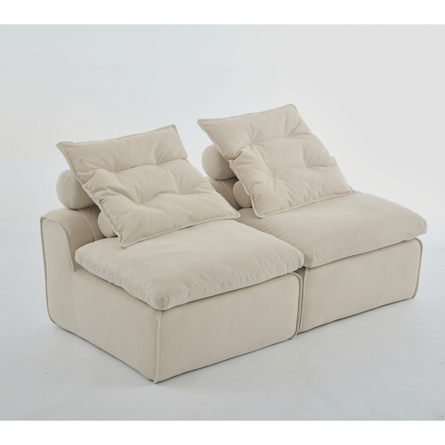Modular Sofa,No Armrests,At will DIY,Soft Corduroy Fabric,Neck Pillow-Back Lounge Sofa Chair,Reading Nook, or Apartment Living, Lumbar Pillow,2 Seats,Upholstered,Beige