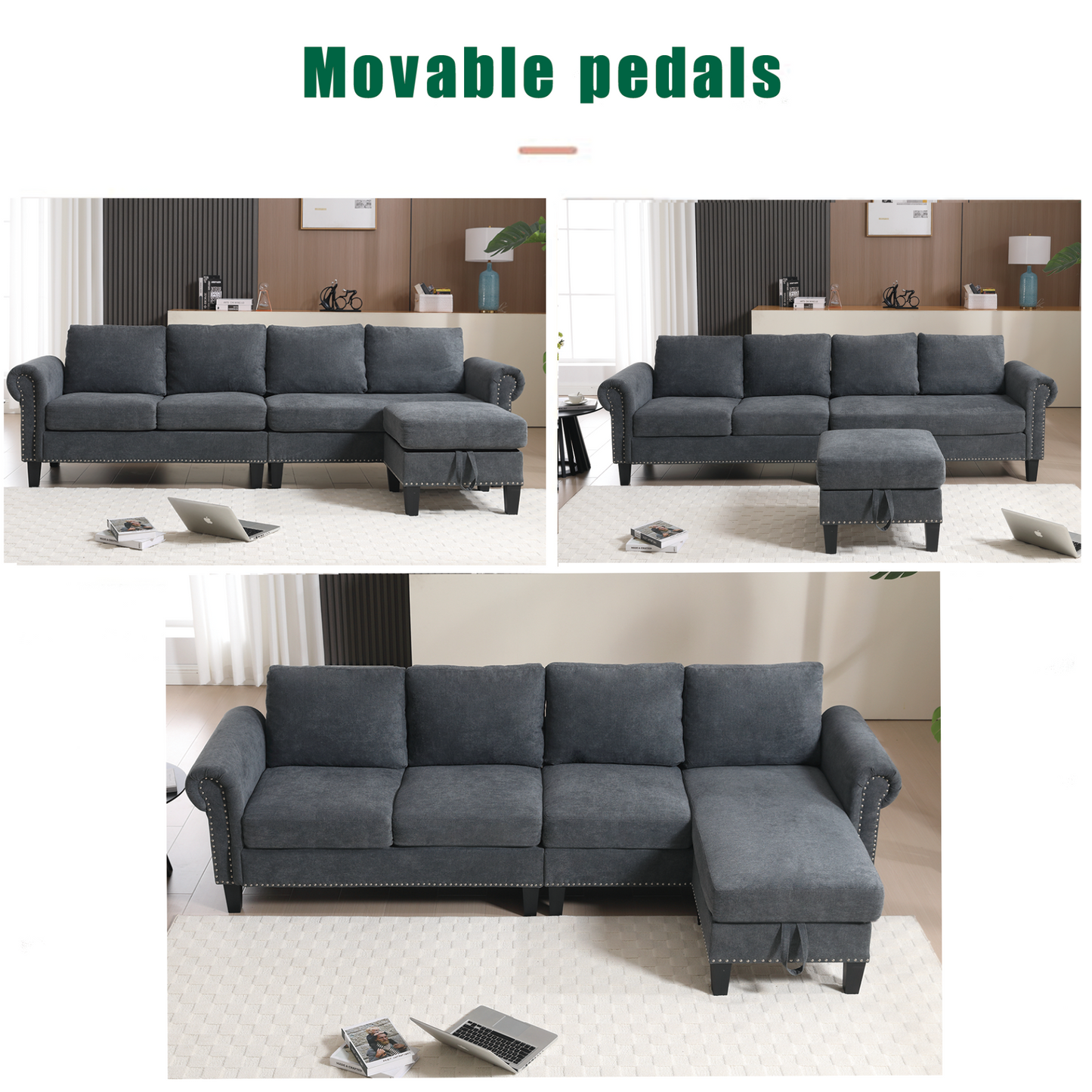 Convertible Sectional Sofa with Storage,L-shaped sofa,Four-seater sofa,Modern Linen Fabric Sectional Couches for Living Room,Gray