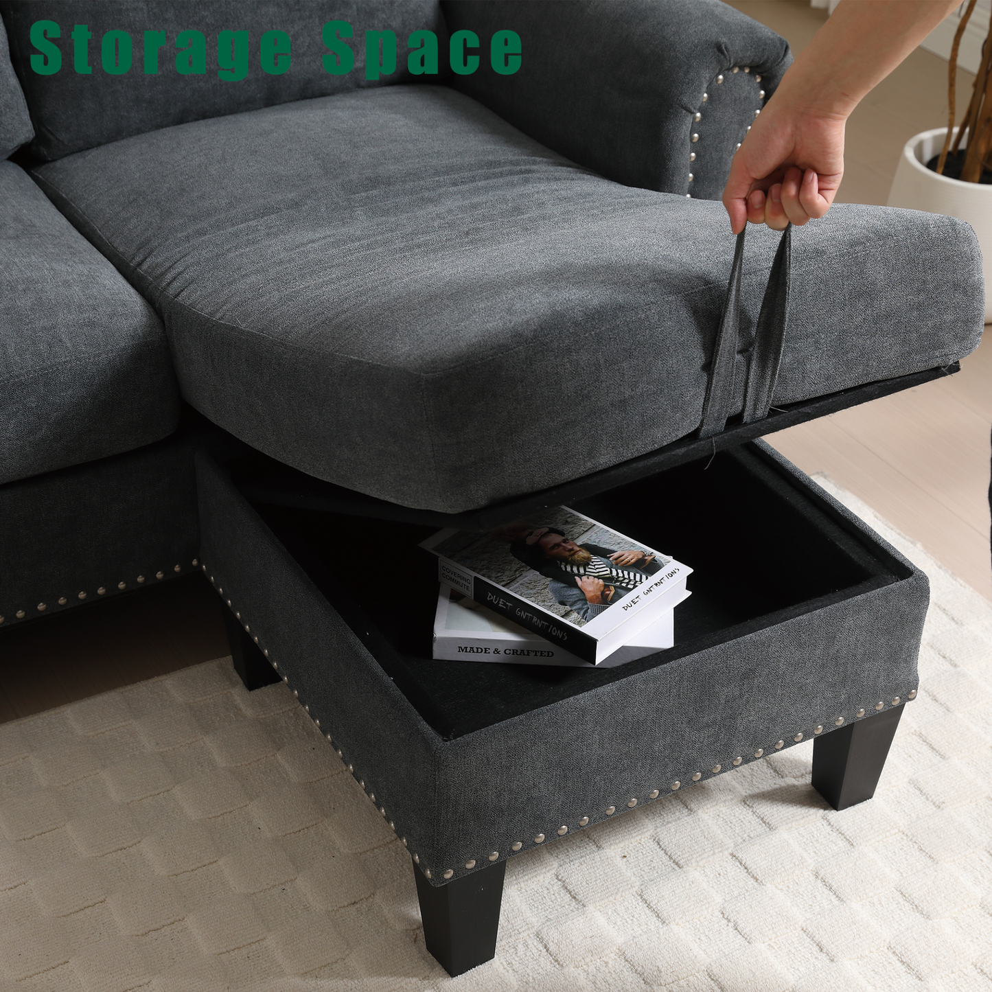 Convertible Sectional Sofa with Storage,L-shaped sofa,Four-seater sofa,Modern Linen Fabric Sectional Couches for Living Room,Gray
