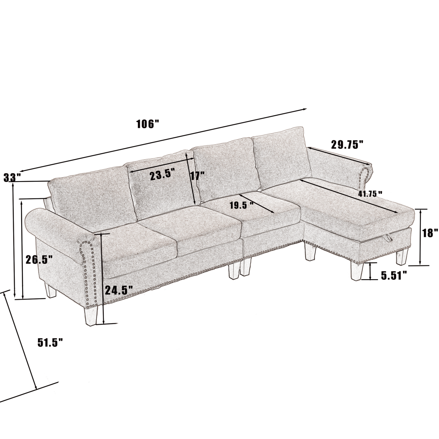 Convertible Sectional Sofa with Storage,L-shaped sofa,Four-seater sofa,Modern Linen Fabric Sectional Couches for Living Room,Gray