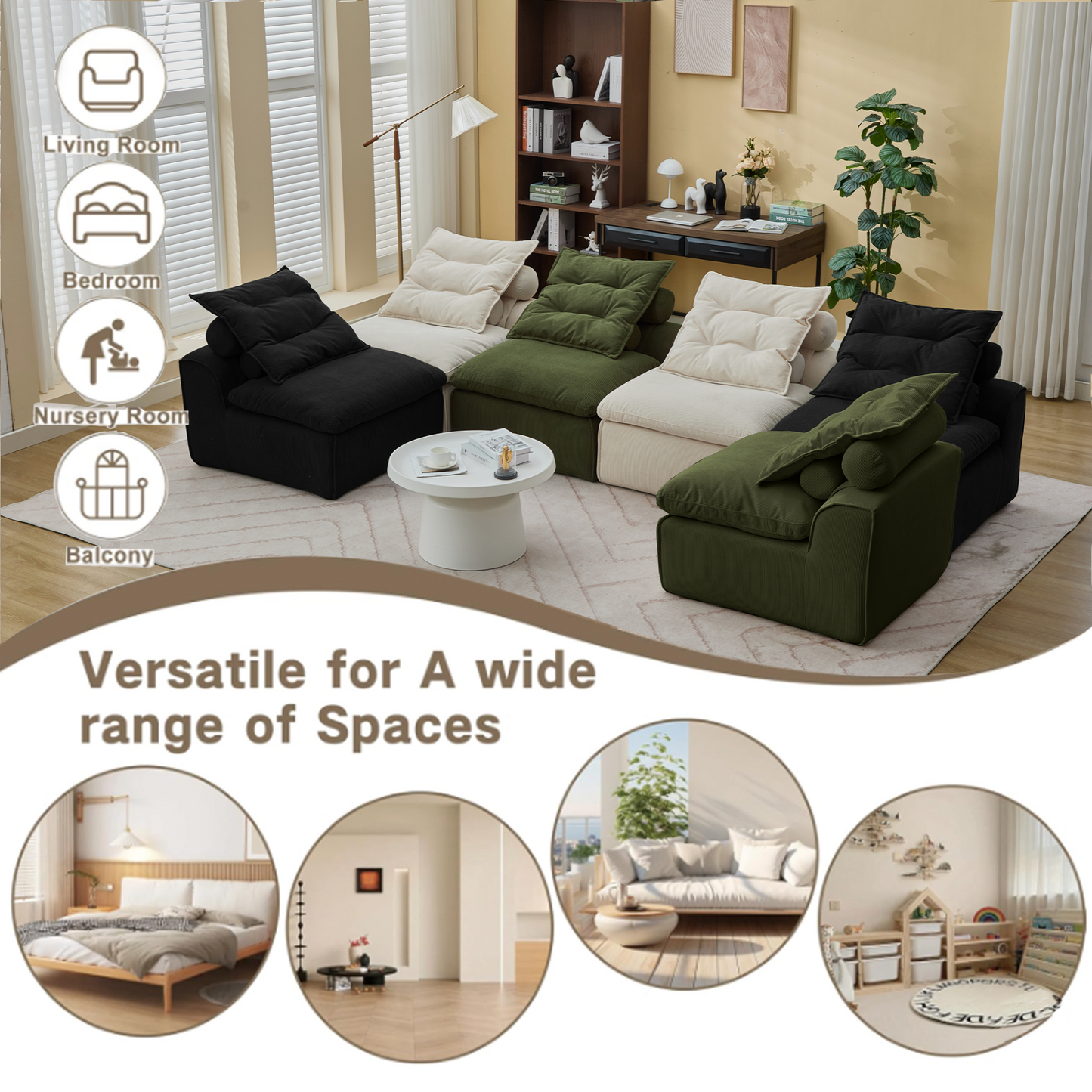 Modular Sofa,No Armrests,At will DIY,Corduroy ,Neck Pillow-Back Lounge Sofa Chair,Reading Nook, or Apartment Living, Lumbar Pillow,6 Seats,Upholstered,Beige,Green ,Black