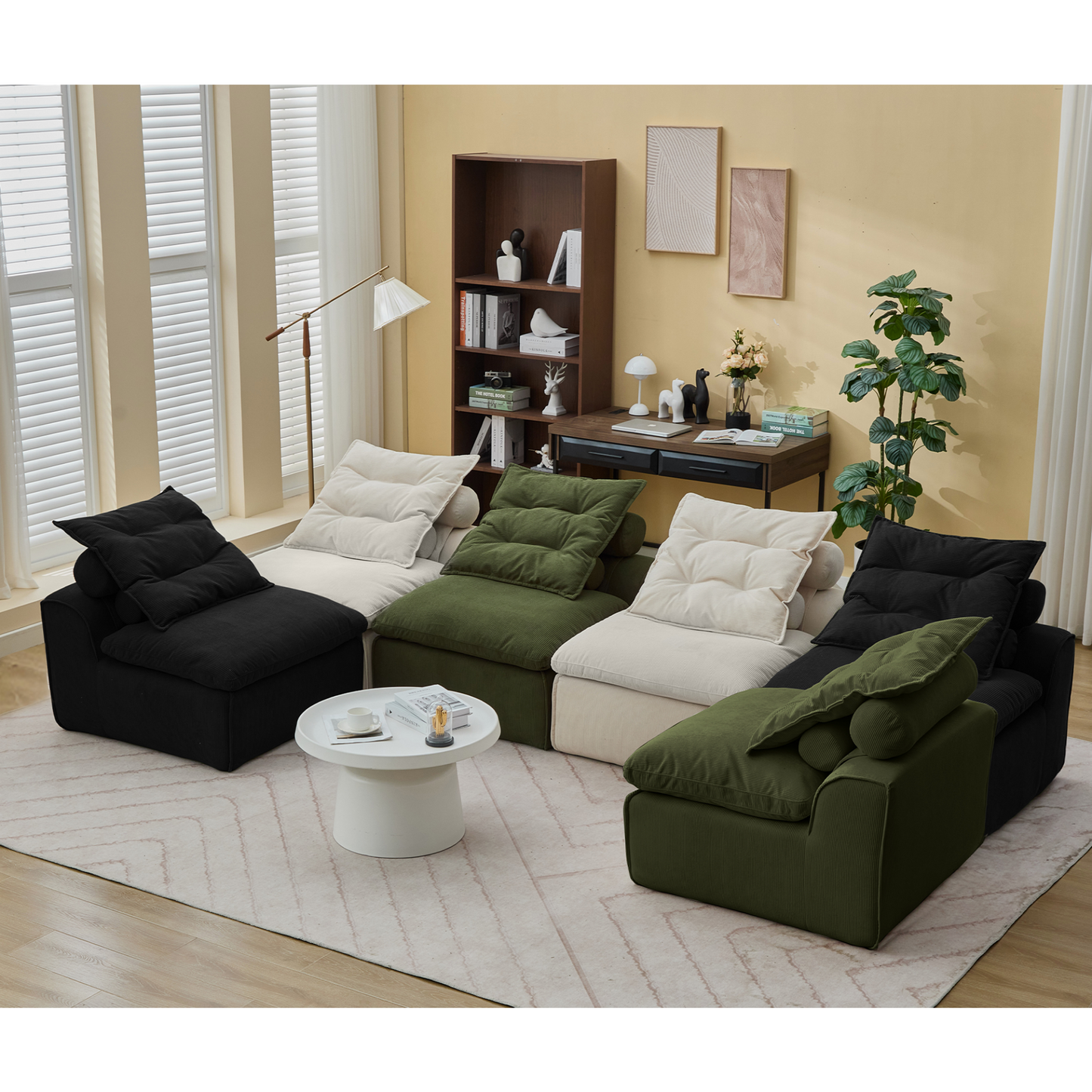 Modular Sofa,No Armrests,At will DIY,Corduroy ,Neck Pillow-Back Lounge Sofa Chair,Reading Nook, or Apartment Living, Lumbar Pillow,6 Seats,Upholstered,Beige,Green ,Black