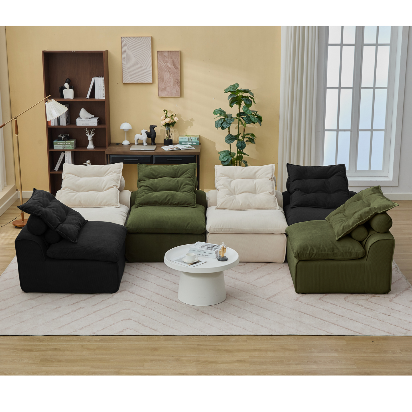 Modular Sofa,No Armrests,At will DIY,Corduroy ,Neck Pillow-Back Lounge Sofa Chair,Reading Nook, or Apartment Living, Lumbar Pillow,6 Seats,Upholstered,Beige,Green ,Black