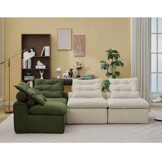 Modular Sofa,No Armrests,At will DIY,Corduroy ,Neck Pillow-Back Lounge Sofa Chair,Reading Nook, or Apartment Living, Lumbar Pillow,4 Seats,Upholstered,Beige,Green