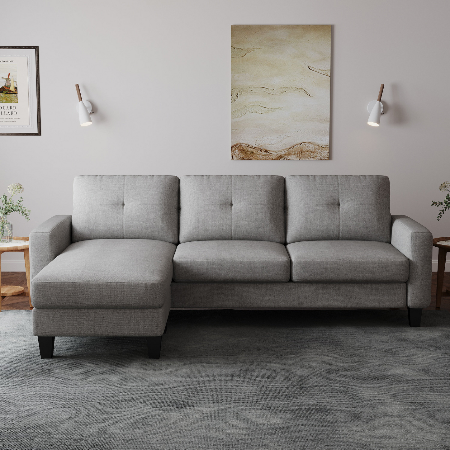 Living Room Furniture with Polyestr Fabric L Shape Couch Corner Sofa for Small Space Grey