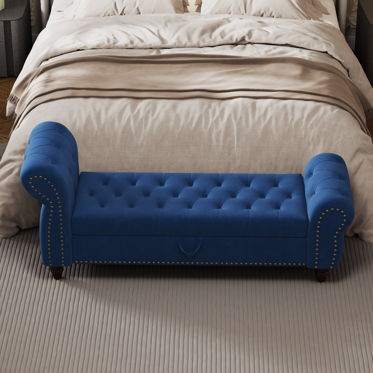 64.5" Bed Bench for Bed Room Nails Tufted Chaise of Lounge with Storage Velvet Upholstery Navy Blue