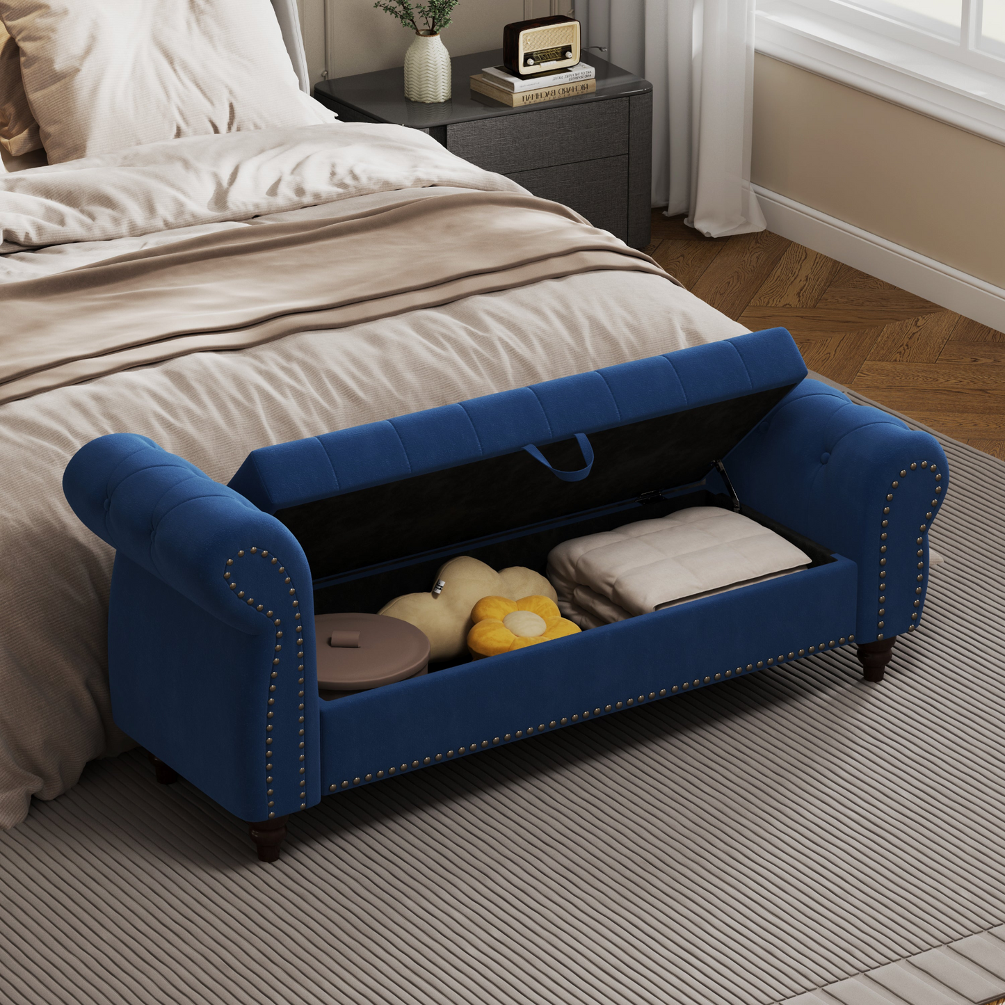 64.5" Bed Bench for Bed Room Nails Tufted Chaise of Lounge with Storage Velvet Upholstery Navy Blue