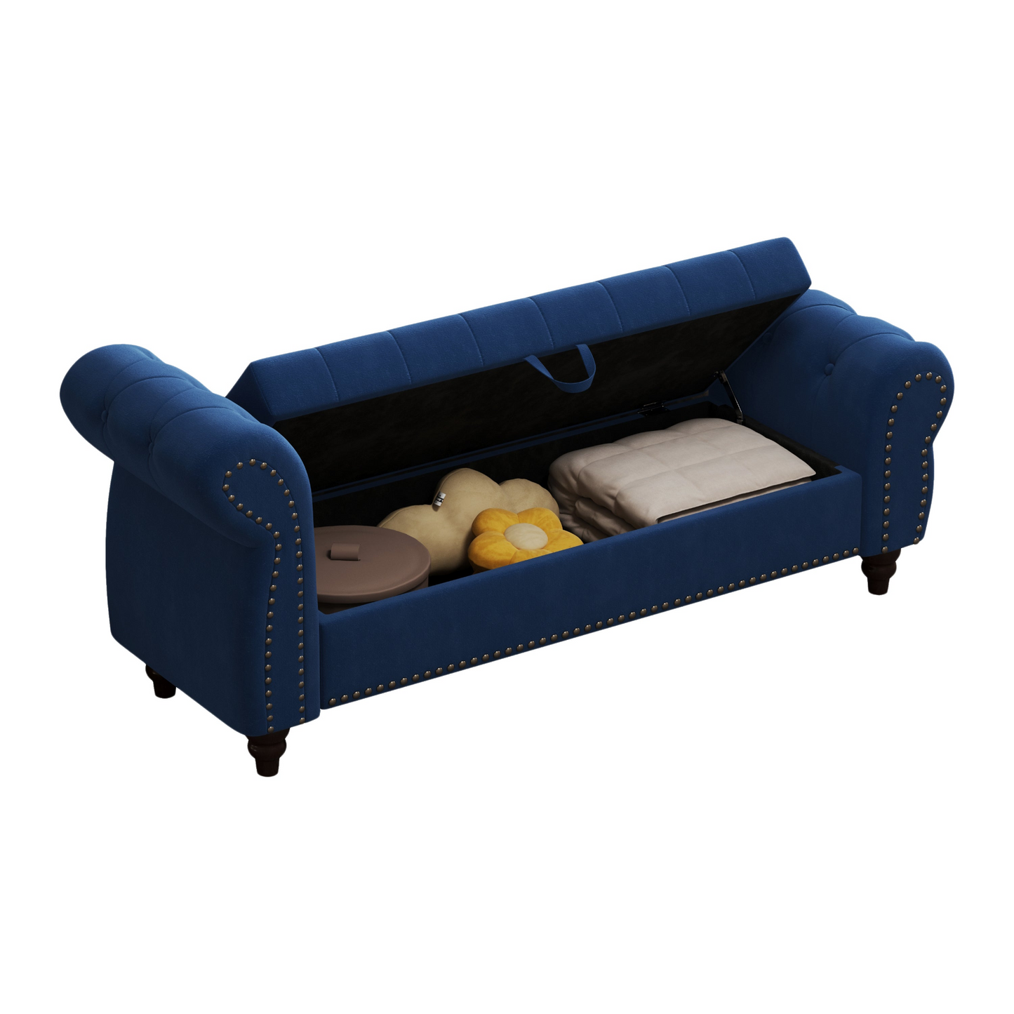 64.5" Bed Bench for Bed Room Nails Tufted Chaise of Lounge with Storage Velvet Upholstery Navy Blue