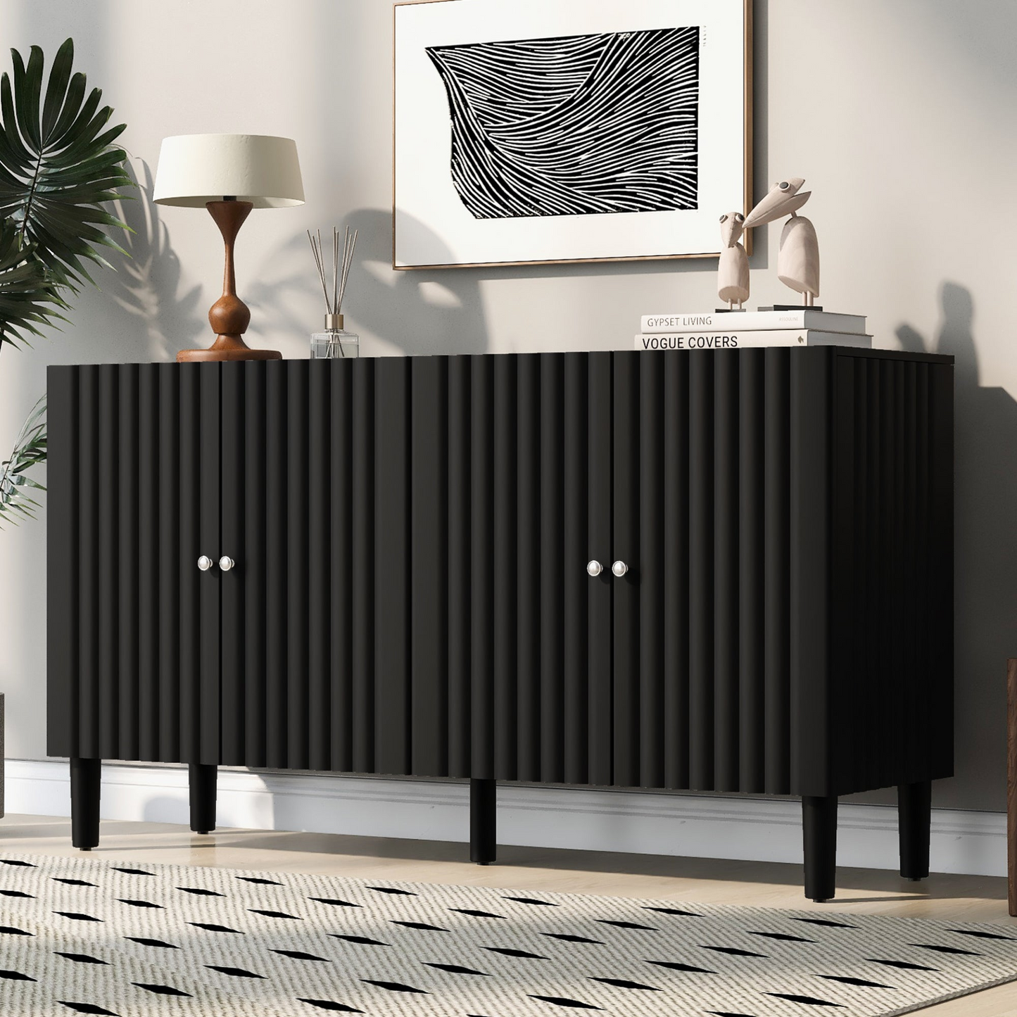 Elegant Four-Door Sideboard with Wavy Pattern Doors, Cylindrical Legs, and Sleek Metal Handles, Adjustable, Suitable for Study, Entryway and Living Room
