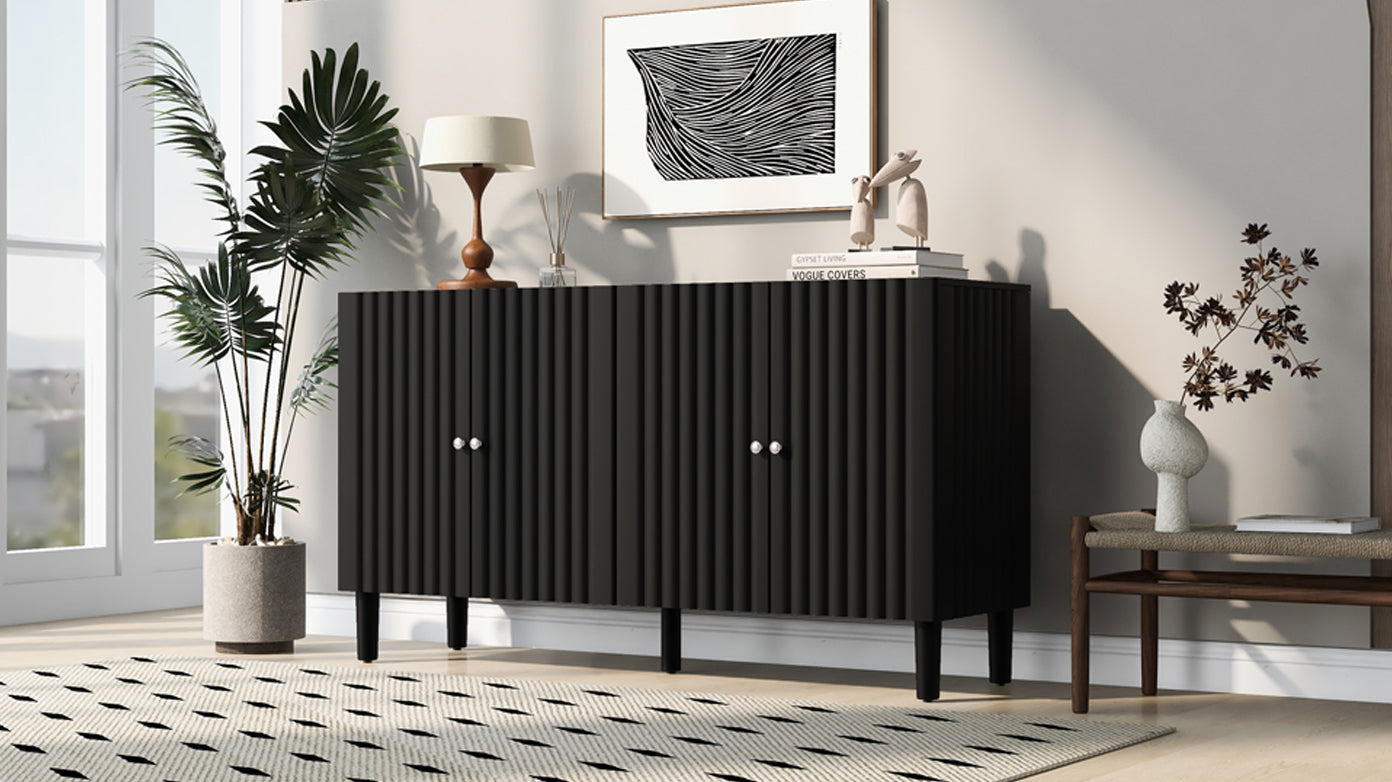 Elegant Four-Door Sideboard with Wavy Pattern Doors, Cylindrical Legs, and Sleek Metal Handles, Adjustable, Suitable for Study, Entryway and Living Room