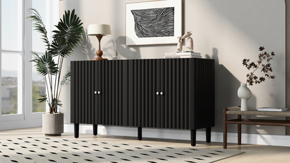 Elegant Four-Door Sideboard with Wavy Pattern Doors, Cylindrical Legs, and Sleek Metal Handles, Adjustable, Suitable for Study, Entryway and Living Room