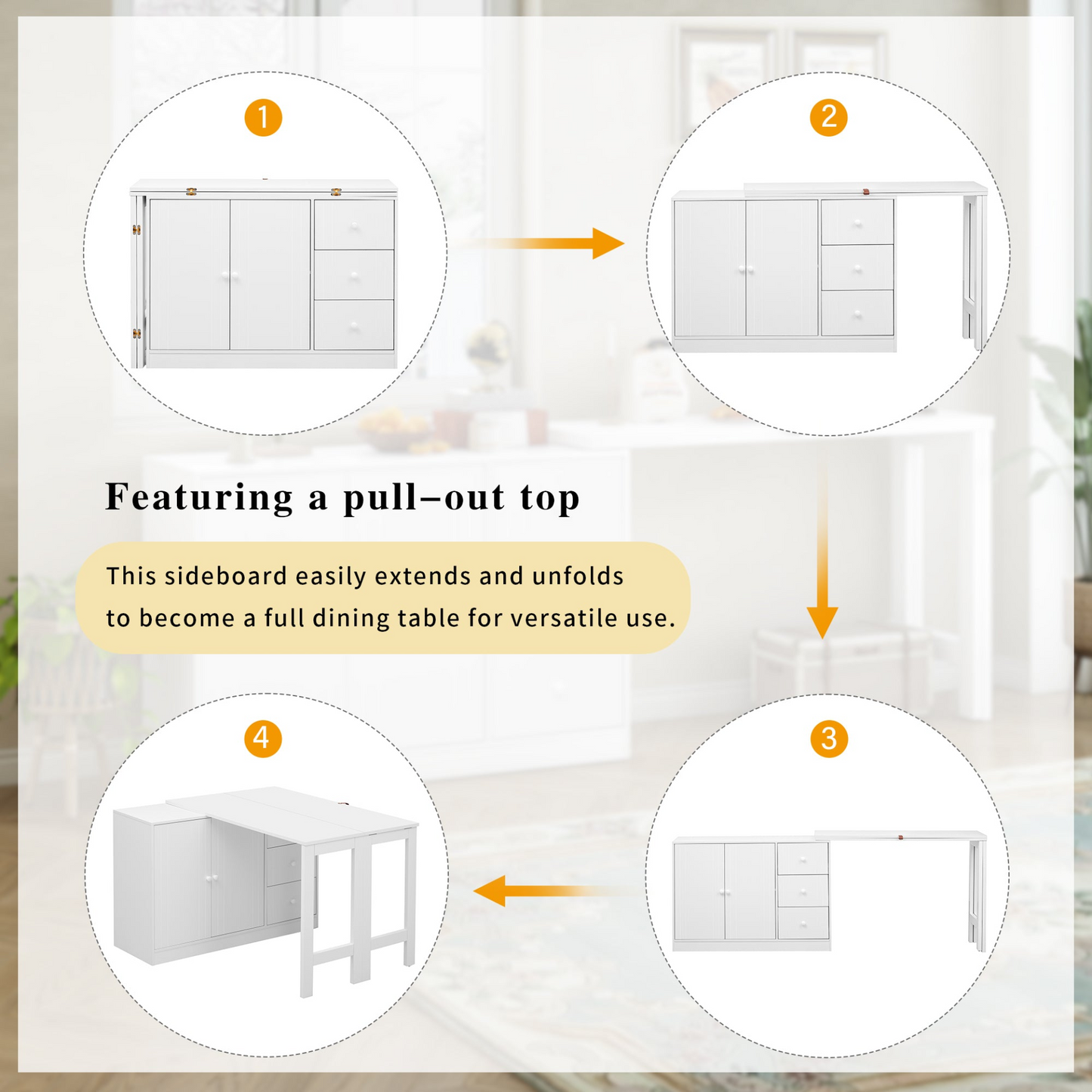 Innovative Sideboard that effortlessly converts into a dining table and Adjustable Pull-Out Top for Flexible Use,Suitable for Study,Entrance and Living Room