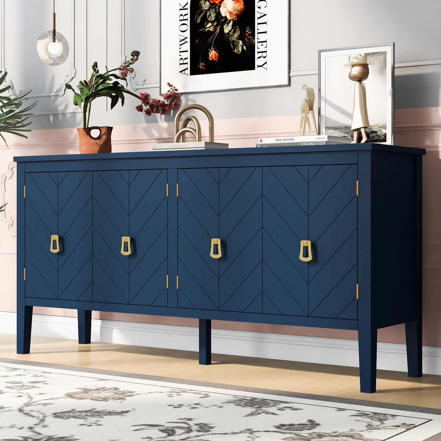 Four-Door Sideboard with Geometric Line Patterns and Vintage Metal Handles for Timeless Elegance,Suitable for Living Rooms, Entrance and Study Rooms