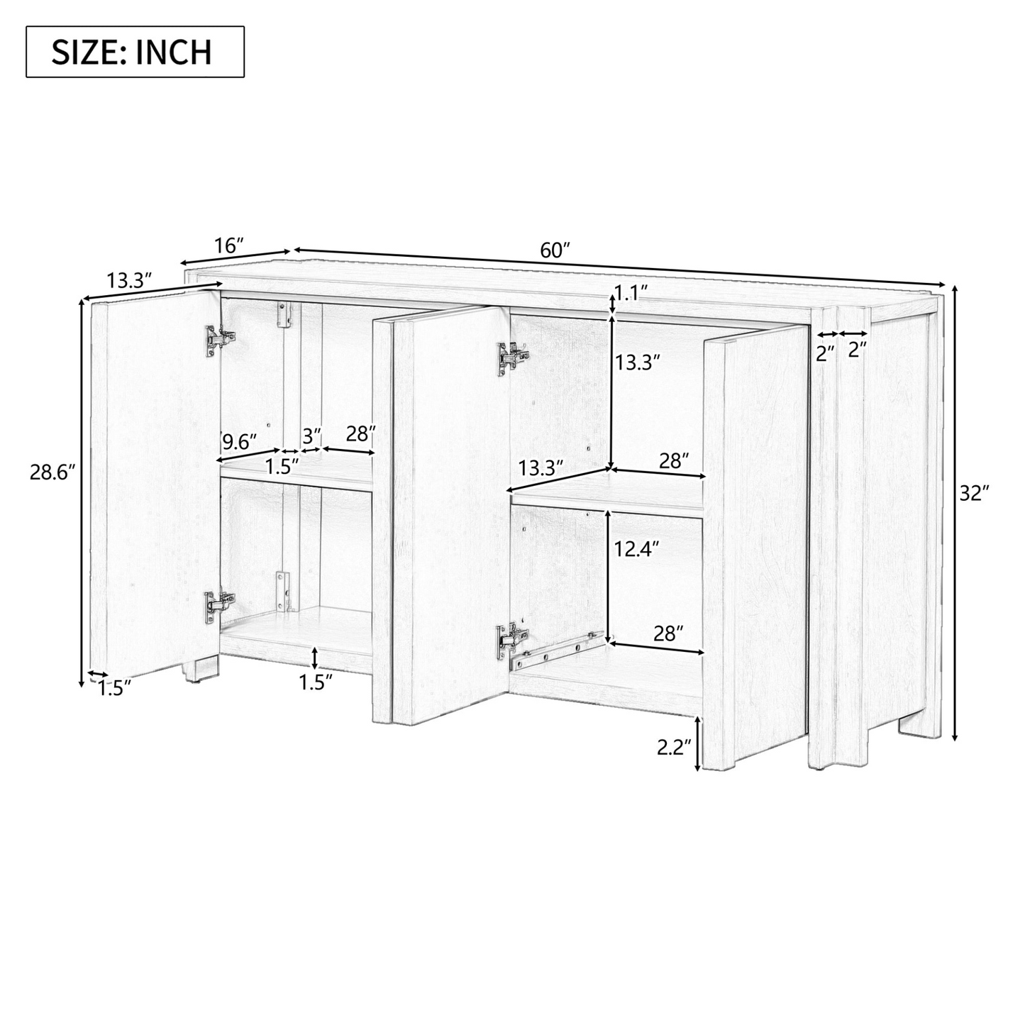 Designed Storage Cabinet Sideboard with 4 Doors , Adjustable Shelves, Suitable for Living Rooms, Entrance and Study Rooms.