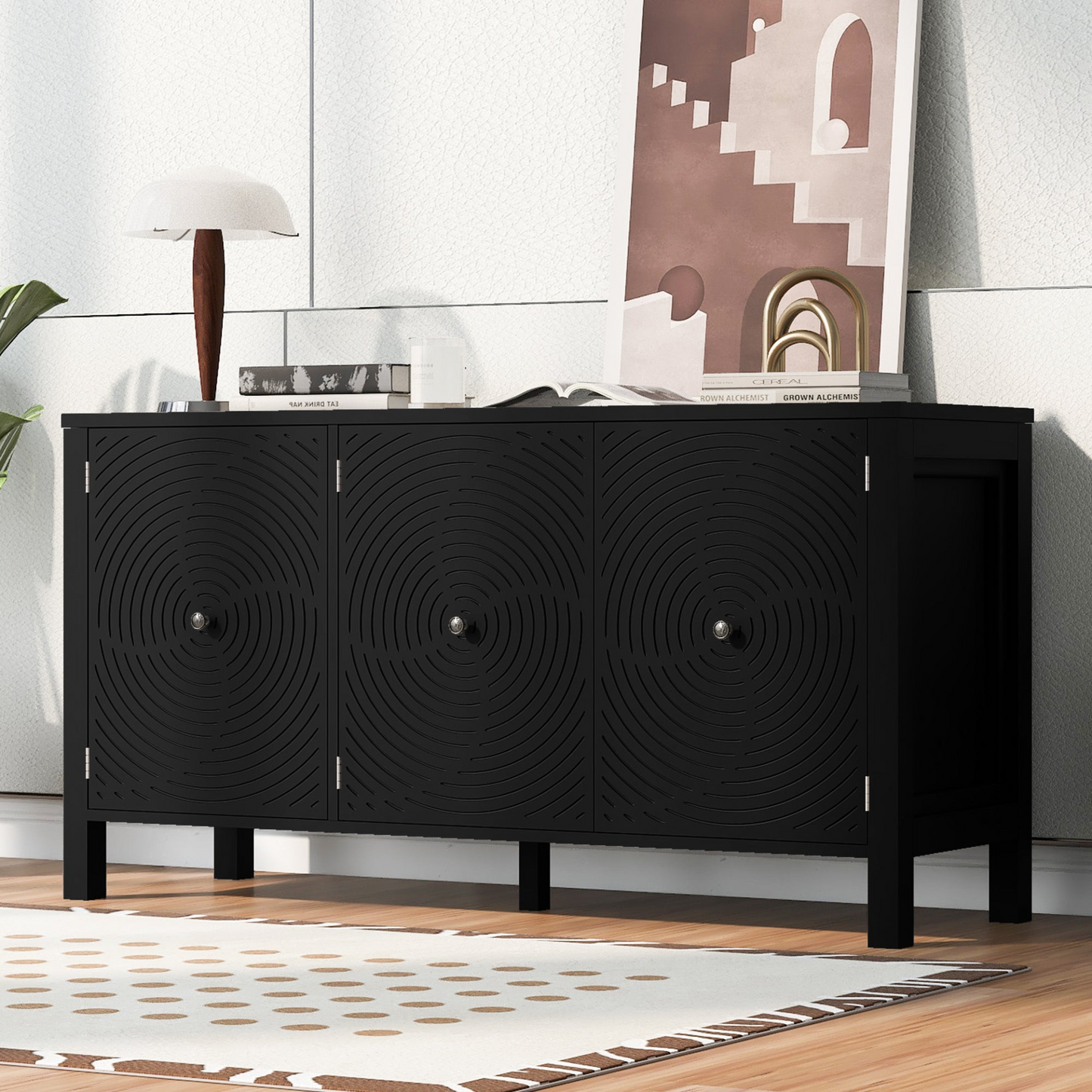 Sideboard with Curved Swirl Patterned Doors and Artistic Three-Door Design,Suitable for Living Rooms,Entrance and Study