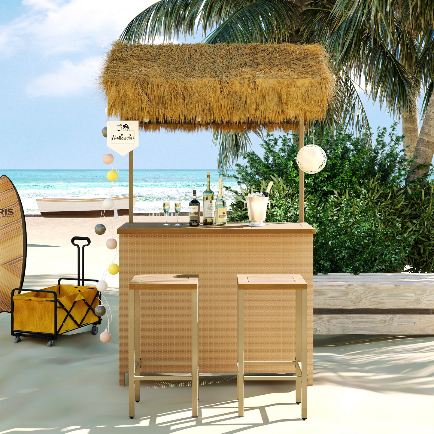 Hawaiian-style Bar Height Patio Set with PE Grass Canopy, Outdoor Bar Table and Stools with Adjustable Feet, Acacia Wood Top, for Dining and Drinking, Natural