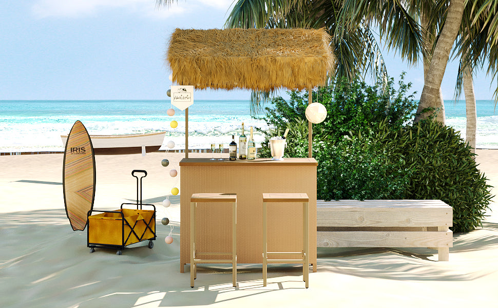 Hawaiian-style Bar Height Patio Set with PE Grass Canopy, Outdoor Bar Table and Stools with Adjustable Feet, Acacia Wood Top, for Dining and Drinking, Natural