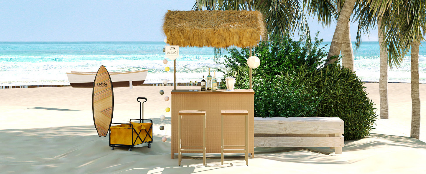 Hawaiian-style Bar Height Patio Set with PE Grass Canopy, Outdoor Bar Table and Stools with Adjustable Feet, Acacia Wood Top, for Dining and Drinking, Natural