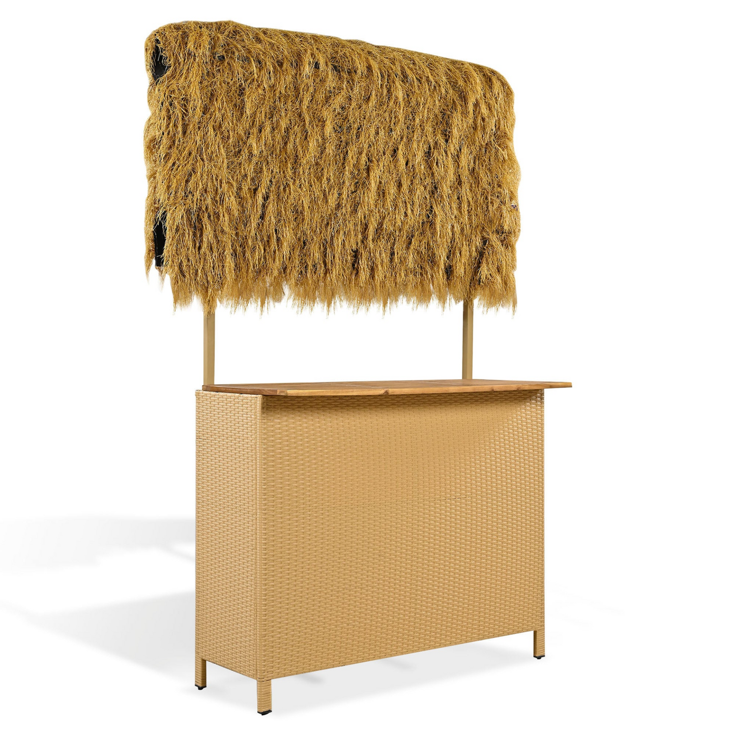 Hawaiian-style Bar Height Patio Set with PE Grass Canopy, Outdoor Bar Table and Stools with Adjustable Feet, Acacia Wood Top, for Dining and Drinking, Natural