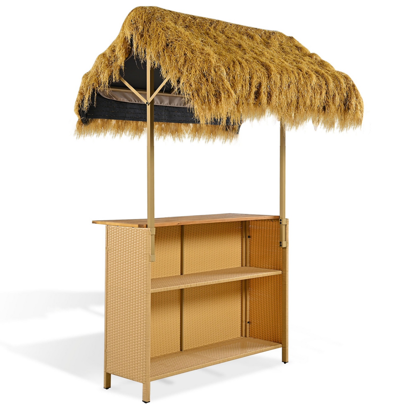 Hawaiian-style Bar Height Patio Set with PE Grass Canopy, Outdoor Bar Table and Stools with Adjustable Feet, Acacia Wood Top, for Dining and Drinking, Natural