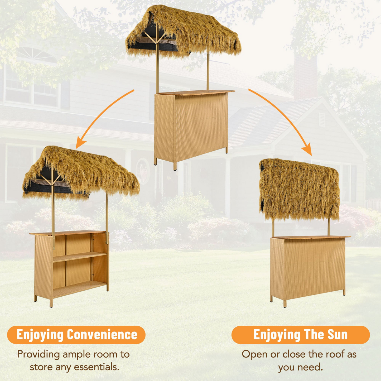 Hawaiian-style Bar Height Patio Set with PE Grass Canopy, Outdoor Bar Table and Stools with Adjustable Feet, Acacia Wood Top, for Dining and Drinking, Natural