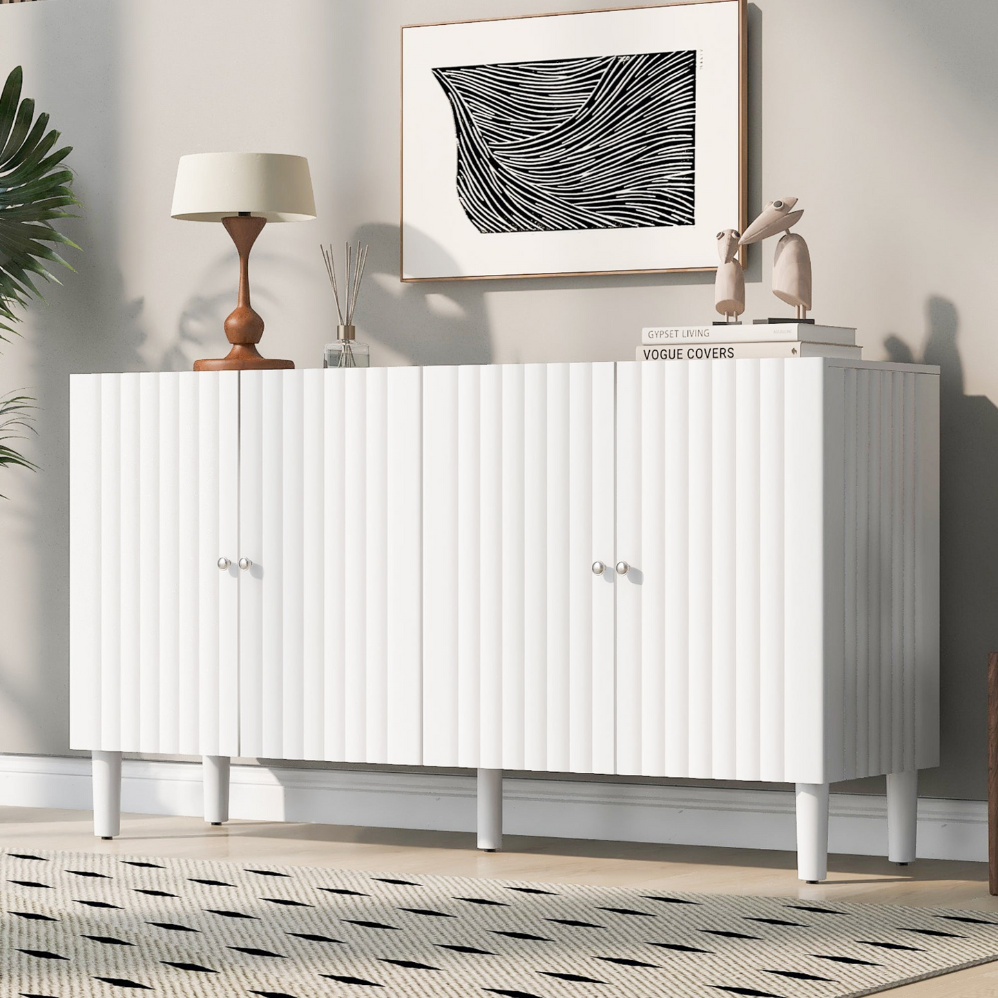 Elegant Four-Door Sideboard with Wavy Pattern Doors, Cylindrical Legs, and Sleek Metal Handles, Adjustable, Suitable for Study, Entryway and Living Room
