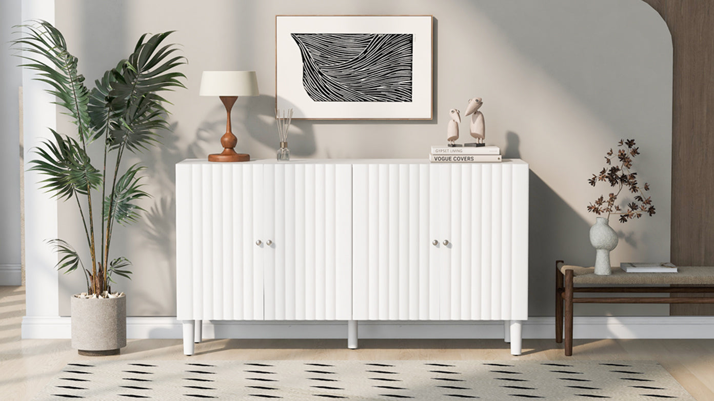 Elegant Four-Door Sideboard with Wavy Pattern Doors, Cylindrical Legs, and Sleek Metal Handles, Adjustable, Suitable for Study, Entryway and Living Room