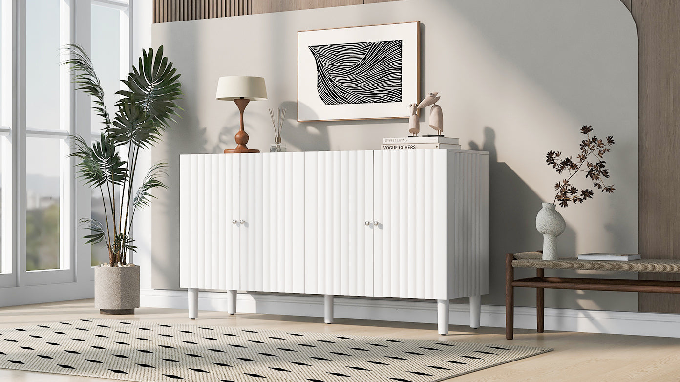 Elegant Four-Door Sideboard with Wavy Pattern Doors, Cylindrical Legs, and Sleek Metal Handles, Adjustable, Suitable for Study, Entryway and Living Room