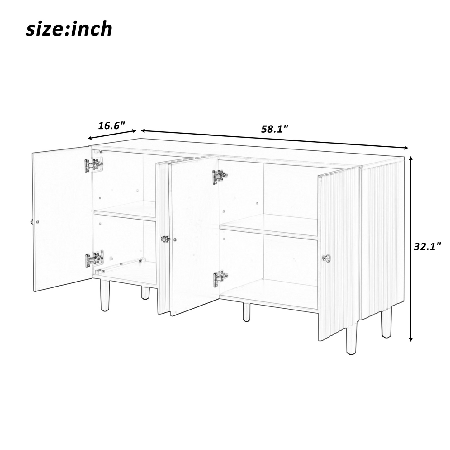 Elegant Four-Door Sideboard with Wavy Pattern Doors, Cylindrical Legs, and Sleek Metal Handles, Adjustable, Suitable for Study, Entryway and Living Room