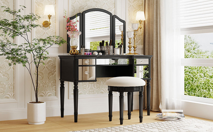 43" Dressing Table Set with Mirrored Drawers and Stool, Tri-fold Mirror, Makeup Vanity Set for Bedroom, Black