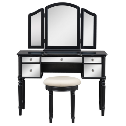 43" Dressing Table Set with Mirrored Drawers and Stool, Tri-fold Mirror, Makeup Vanity Set for Bedroom, Black