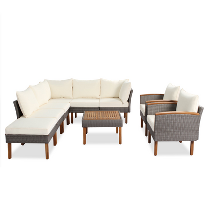 9-Piece Patio Rattan Furniture Set, Outdoor Conversation Set With Acacia Wood Legs and Tabletop, PE Rattan Sectional Sofa Set with Coffee Table, Washable Cushion, Beige