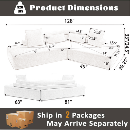 128"Minimalist Cloud Sectional Couch ,Modern Couches ,4-Seater ,No Assembly,Two modular sofa,Boucle Teddy Fabric, upholstered , anti-wrinkle fabric,Brown