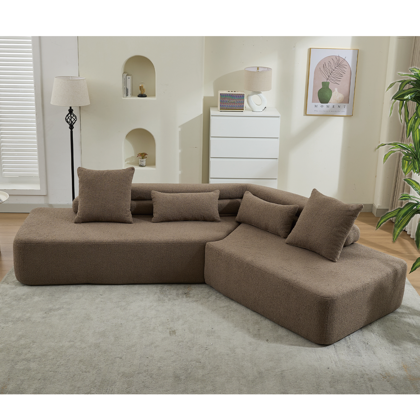 128"Minimalist Cloud Sectional Couch ,Modern Couches ,4-Seater ,No Assembly,Two modular sofa,Boucle Teddy Fabric, upholstered , anti-wrinkle fabric,Brown
