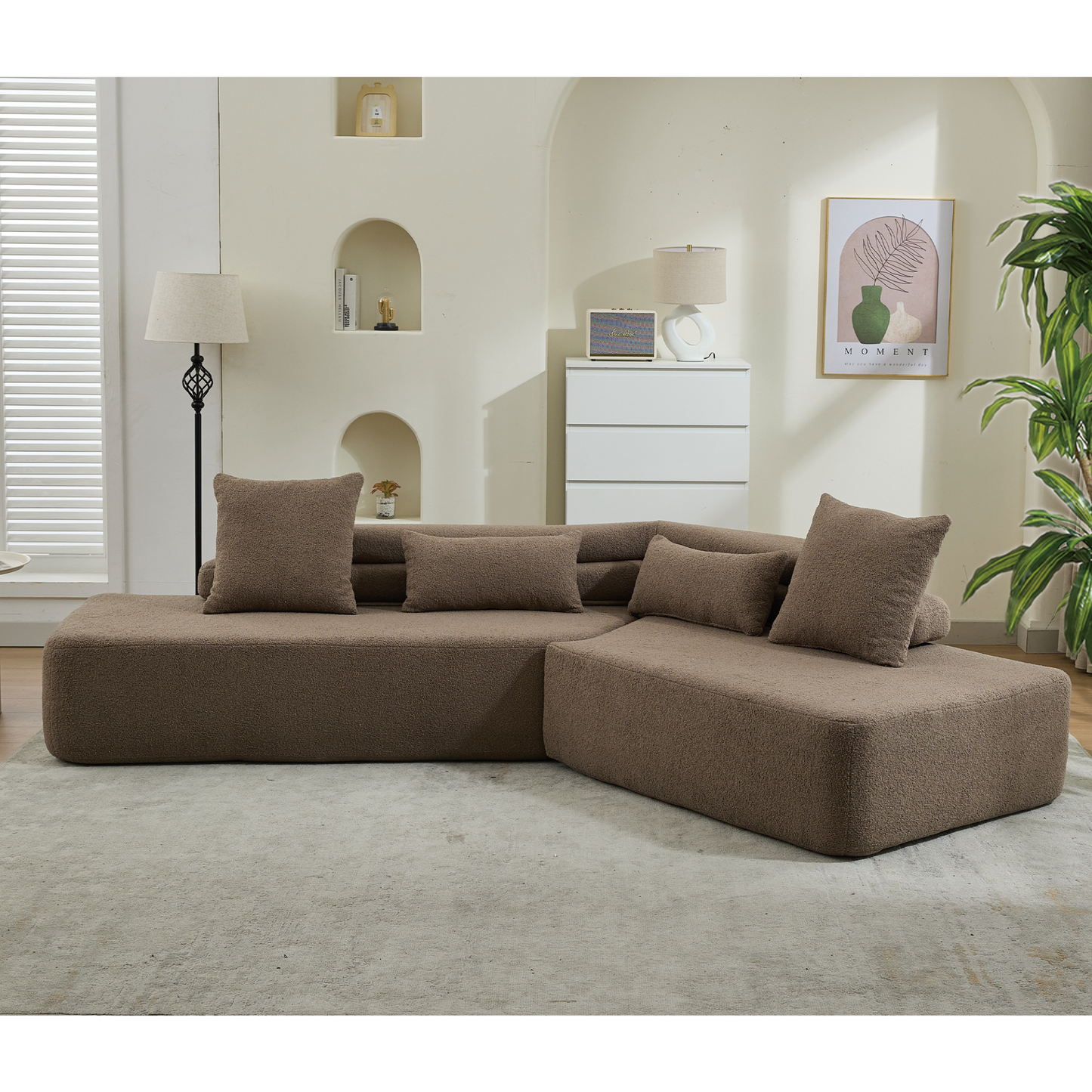 128"Minimalist Cloud Sectional Couch ,Modern Couches ,4-Seater ,No Assembly,Two modular sofa,Boucle Teddy Fabric, upholstered , anti-wrinkle fabric,Brown