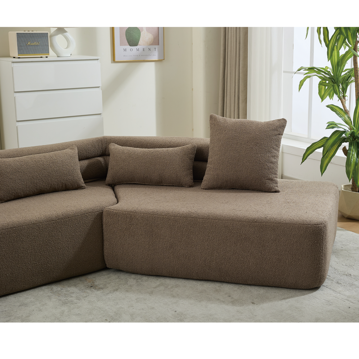 128"Minimalist Cloud Sectional Couch ,Modern Couches ,4-Seater ,No Assembly,Two modular sofa,Boucle Teddy Fabric, upholstered , anti-wrinkle fabric,Brown