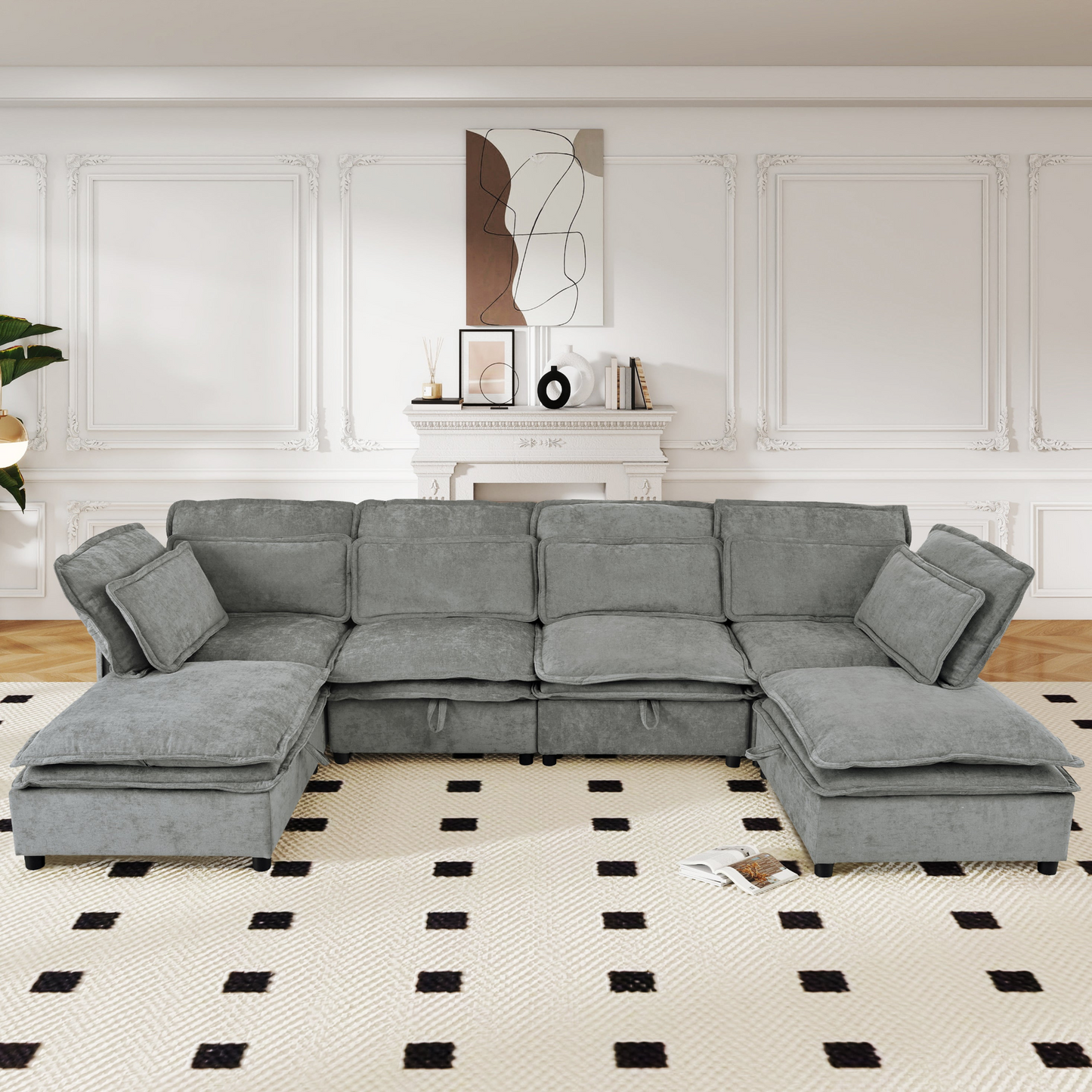 Double-Layer Cushion Modern Large U-Shaped Modular Sofa, Freely Combinable 6-Seater with Storage Function, Convertible to Sofa Bed, Perfect for Living Rooms, Offices, and Apartments