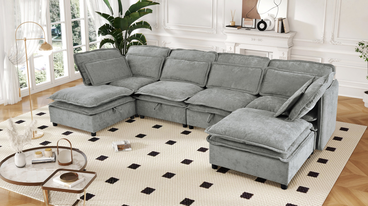 Double-Layer Cushion Modern Large U-Shaped Modular Sofa, Freely Combinable 6-Seater with Storage Function, Convertible to Sofa Bed, Perfect for Living Rooms, Offices, and Apartments