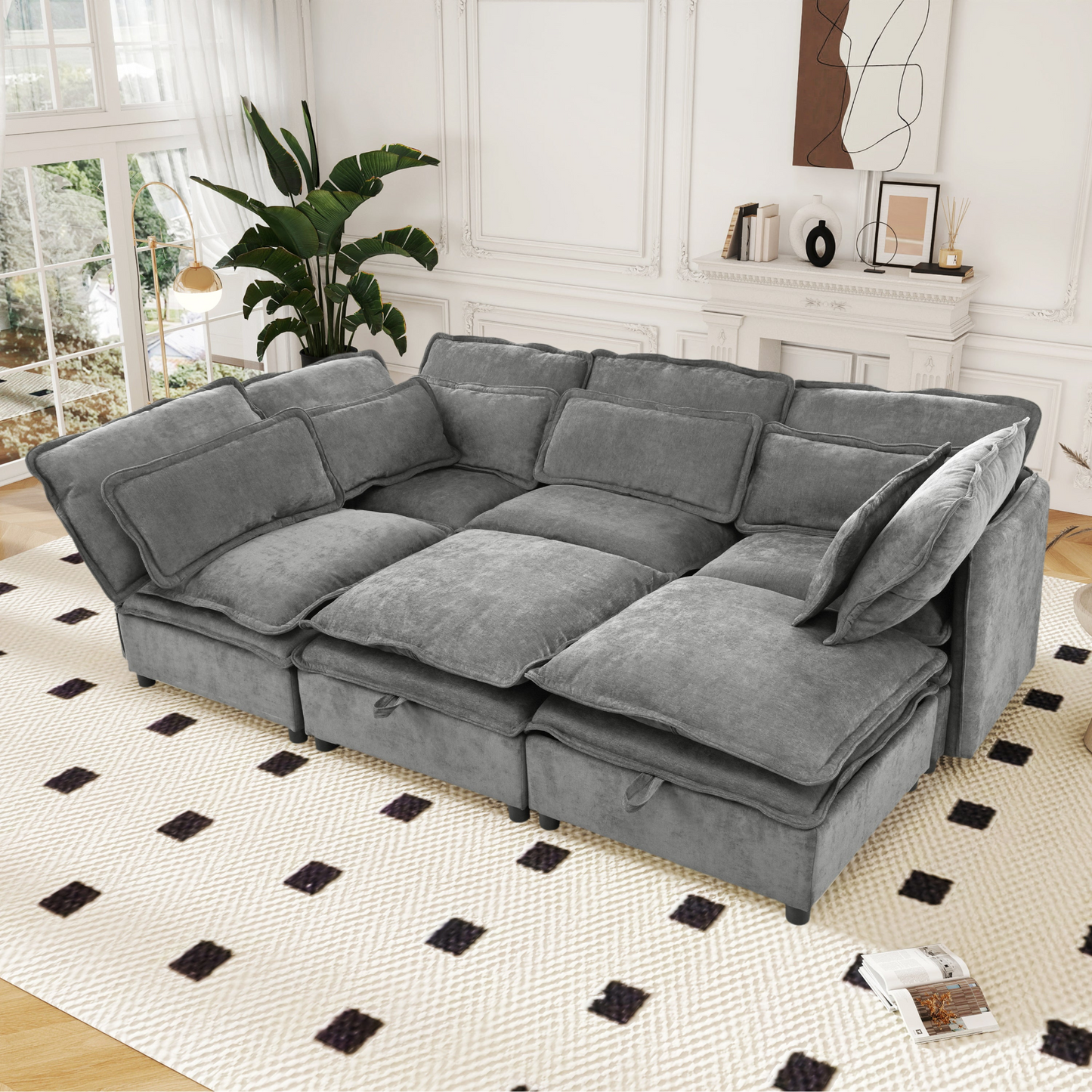 Double-Layer Cushion Modern Large U-Shaped Modular Sofa, Freely Combinable 6-Seater with Storage Function, Convertible to Sofa Bed, Perfect for Living Rooms, Offices, and Apartments