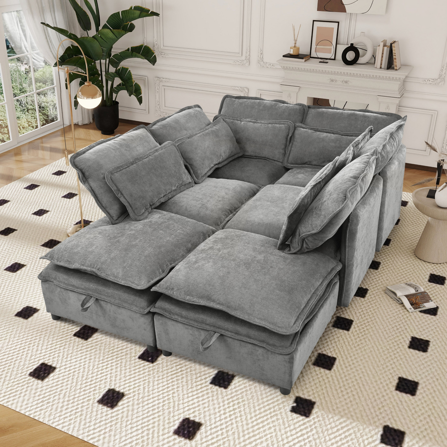 Double-Layer Cushion Modern Large U-Shaped Modular Sofa, Freely Combinable 6-Seater with Storage Function, Convertible to Sofa Bed, Perfect for Living Rooms, Offices, and Apartments