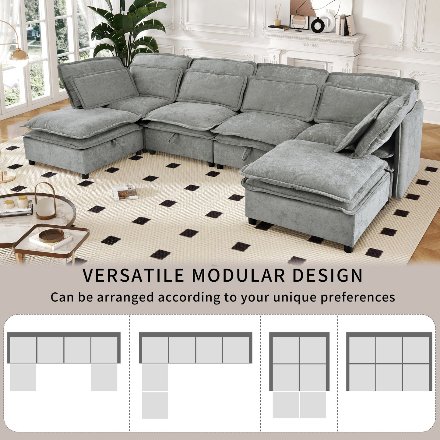 Double-Layer Cushion Modern Large U-Shaped Modular Sofa, Freely Combinable 6-Seater with Storage Function, Convertible to Sofa Bed, Perfect for Living Rooms, Offices, and Apartments