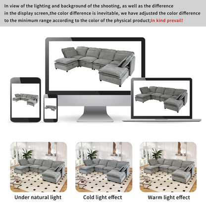 Double-Layer Cushion Modern Large U-Shaped Modular Sofa, Freely Combinable 6-Seater with Storage Function, Convertible to Sofa Bed, Perfect for Living Rooms, Offices, and Apartments