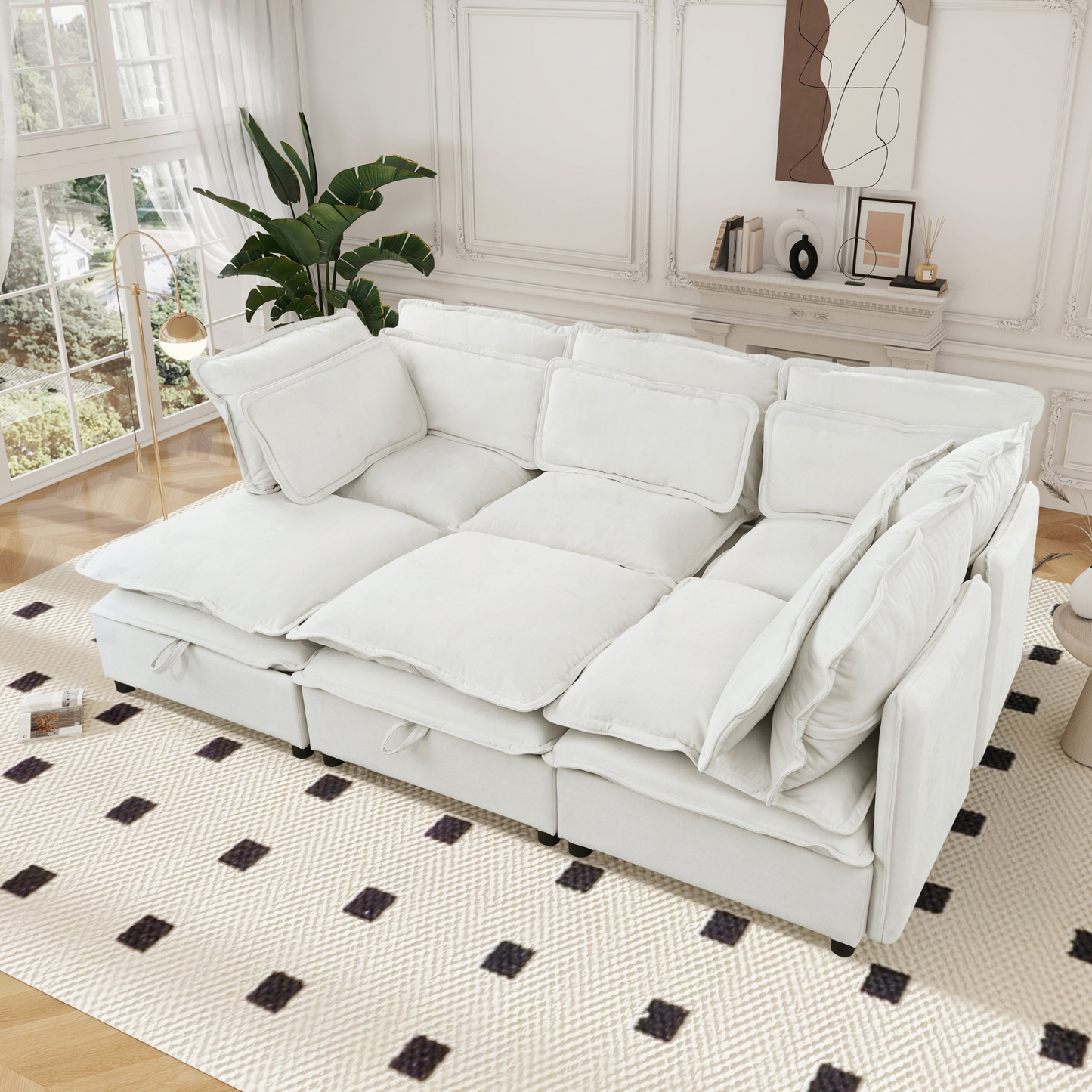 Double-Layer Cushion Modern Large U-Shaped Modular Sofa, Freely Combinable 6-Seater with Storage Function, Convertible to Sofa Bed, Perfect for Living Rooms, Offices, and Apartments