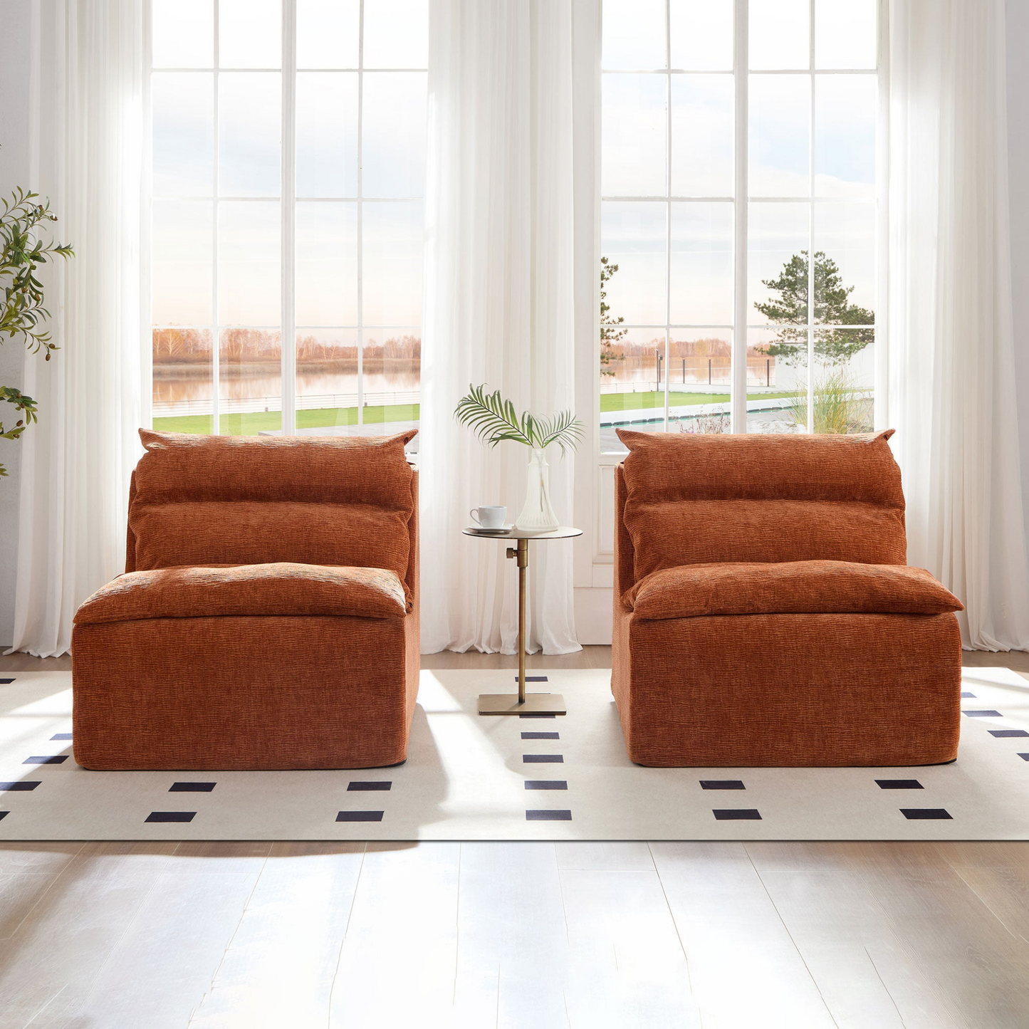 Accent Armless Chair Lazy Floor Seating, Single Chair Sofa Lounger Leisure Accent Single Couch with Backrest  for Living Room, Bedroom, Office, Single Seat, ORANGE